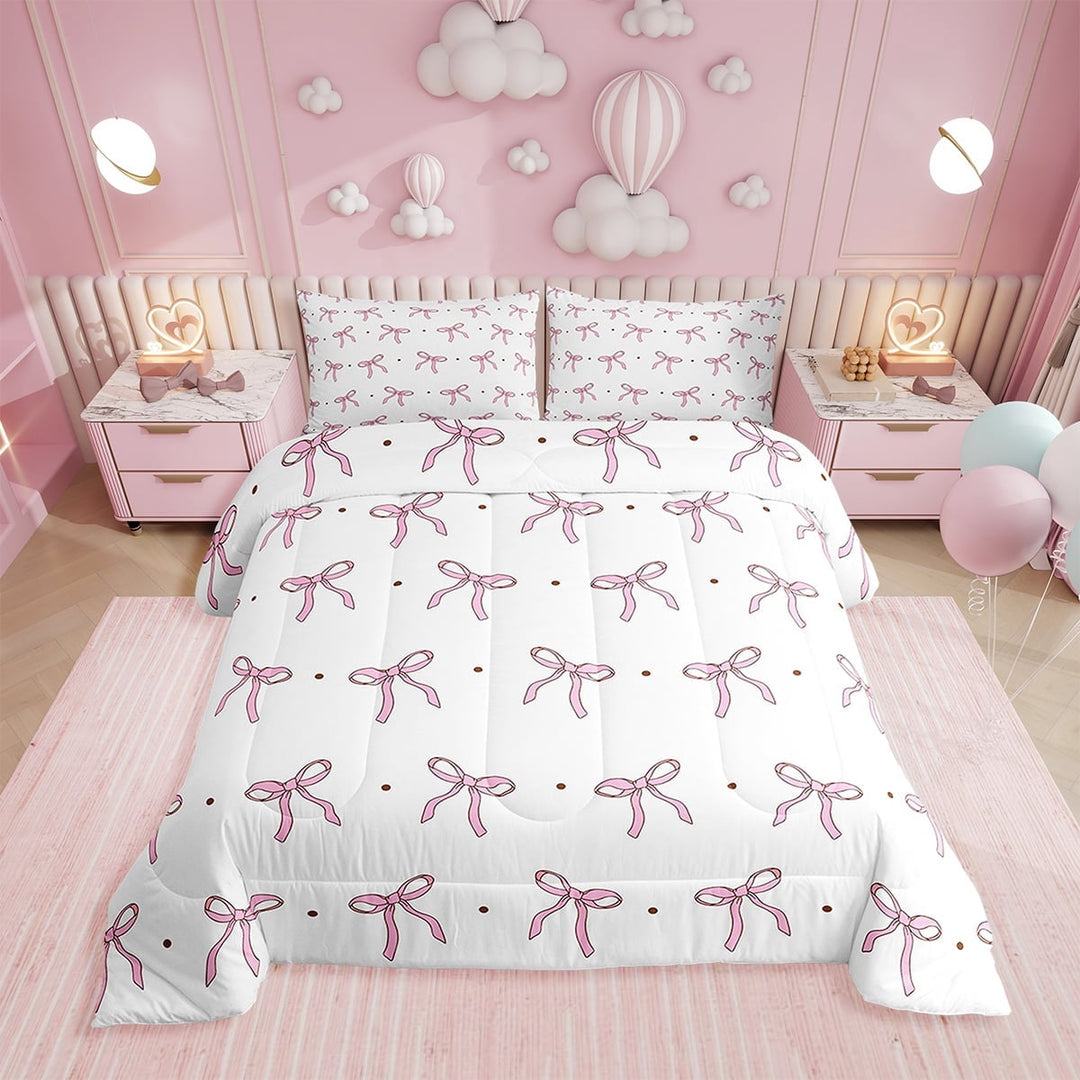 Erosebridal Pink Bowknot Comforter Set Twin Bow Tie Bedding Cute Dots Print Bedding Comforter Sets Aesthetic Coquette Bedroom Decor Princess Style Duvet Insert