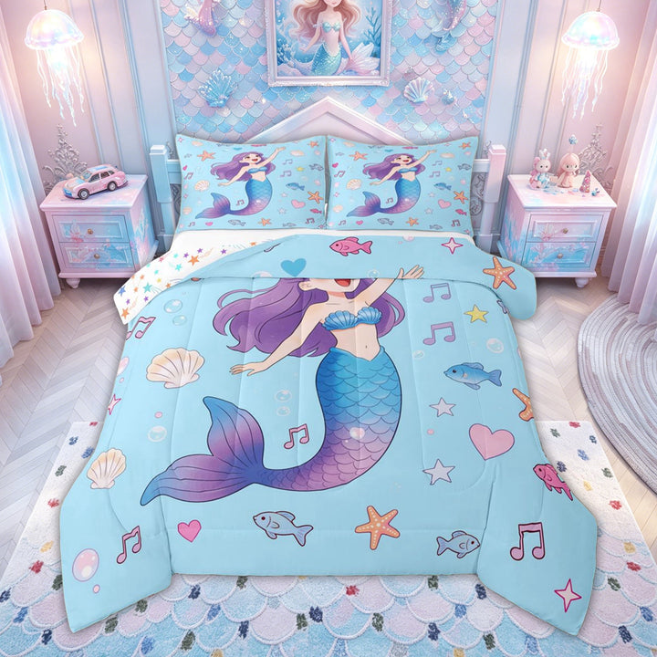 meiyoeat Fairy Sea Mermaid Princess Full Size Comforter Sets for Kids Boys Girls, Music Note Starfish Bedding Comforter Set, Blue, Colorful Star Reversible, 3pcs, 1 Comforter and 2 Pillowcases