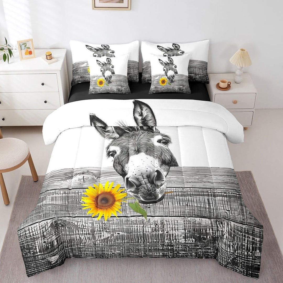 Erosebridal Farmhouse Donkey Bedding Comforter Sets 7 Pieces Farm Animal Bed in a Bag, Chic Sunflower Floral King Bedding Sets Grey and White Comforter Set, Retro Farmhouse Bedding Sets &amp; Collections