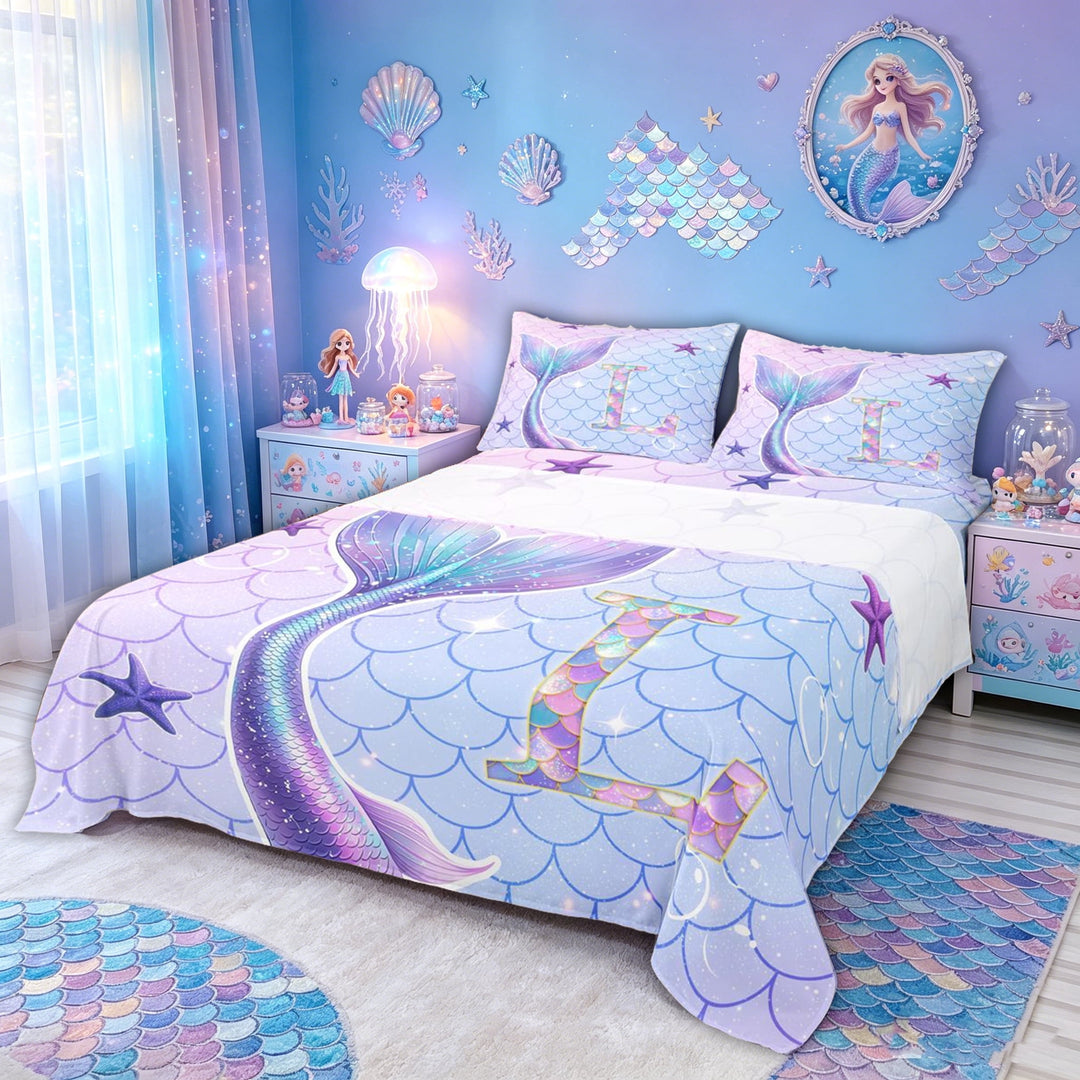 meiyoeat Mermaid Scale Letter L Bed Sheets for Kids Girls, Marine Starfish Full Size Sheets, Purple Blue, 4-Piece, 1 Flat Sheet, 1 Fitted Sheet and 2 Pillowcases