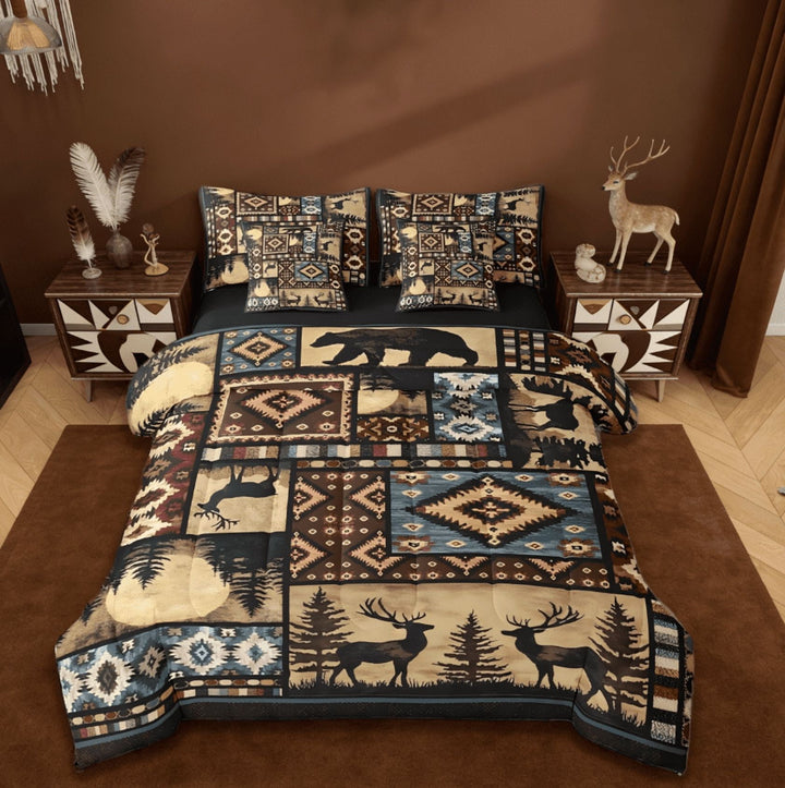 Manfei Rustic Bear 7 Pieces Bedding Comforter Set,Buffalo Plaid Grid Hunting Deer Farmhouse Cabin Retro Southwest Aztec Tribal Full Bedding Set Reversible