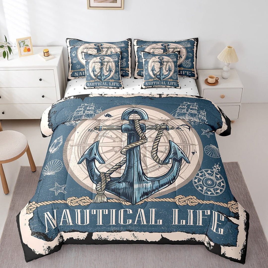 Ocean Comforter Set Queen,Summer Anchor Bed in A Bag Teens Adult,Vintage Nautical Bedding Sets(1 Comforter,2 Pillowcases,1 Flat Sheet,1 Fitted Sheet,2 Throw Pillow Covers)