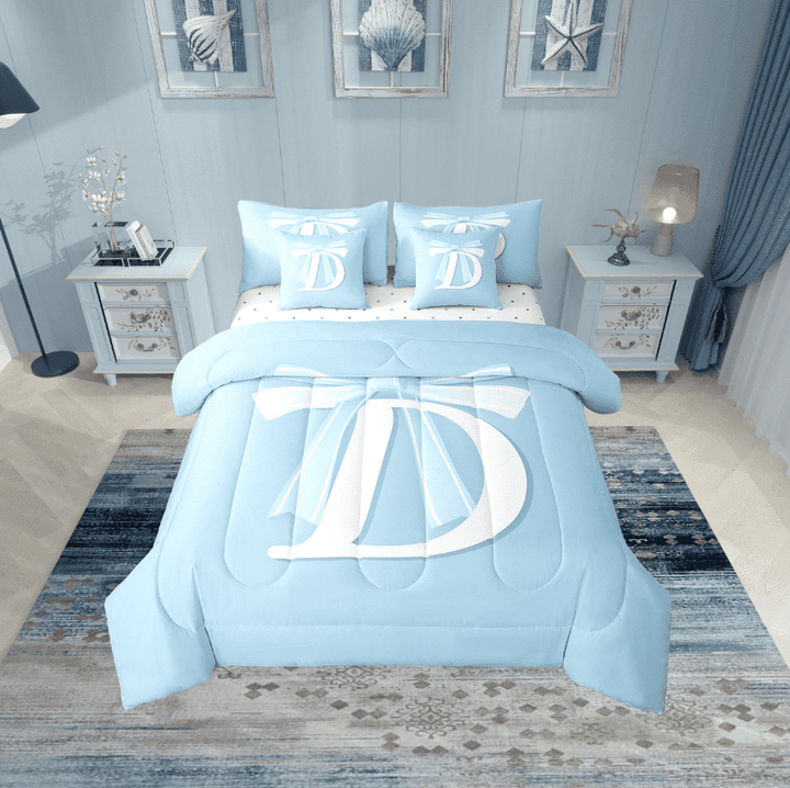 Erosebridal Monogrammed D Bedding Twin Size, Initial Letter Bed in a Bag Twin size, Blue Bow Reversible Bed Set, Super Cozy Bedroom Decor, 7 Pieces