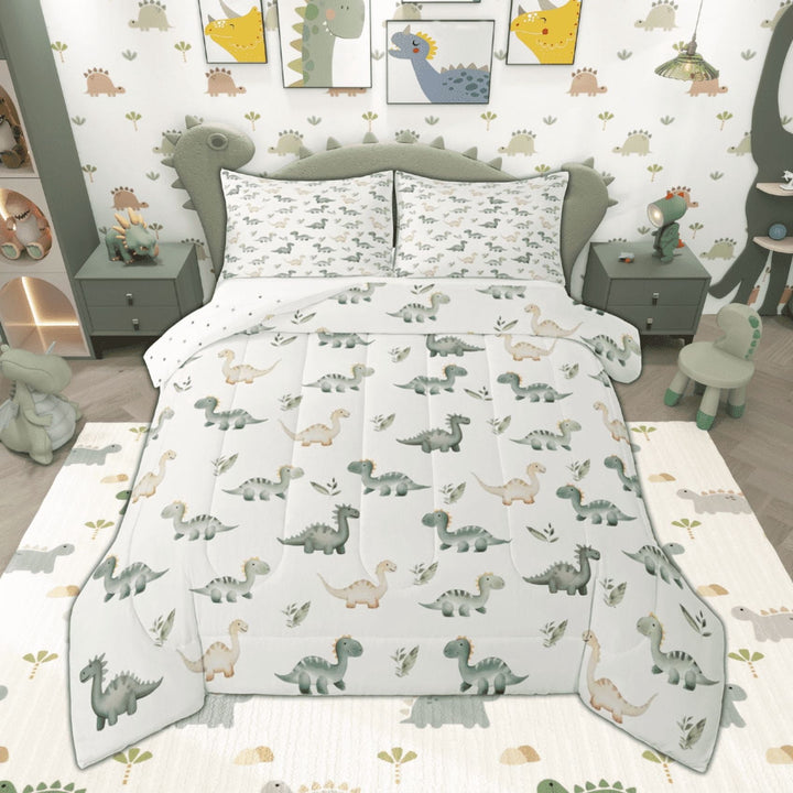 Manfei Watercolor Dinosaur Bedding Comforter Set, Cartoon Wild Animal Twin Comforter Sets, Kawaii Dino Bedding Set, Breathable Home Decor Reversible 2pcs