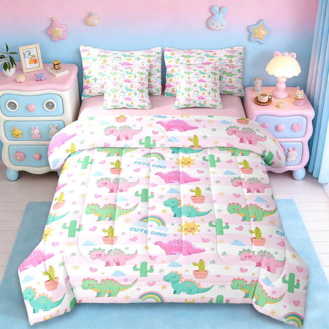 Erosebridal Jungle Dinosaur 7-Piece Twin Bedding Sets For Girls,Safari Lovely Cute Animals Bedding Comforter Set For Dino Lovers,Reversible