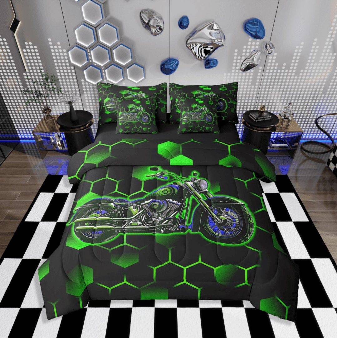 Erosebridal Dirt Bike Bedding Sets Twin Size,Extreme Sports Comforter Sets with Sheets,Green Black Honeycomb Decor,Reversible,Breathable,7-Piece