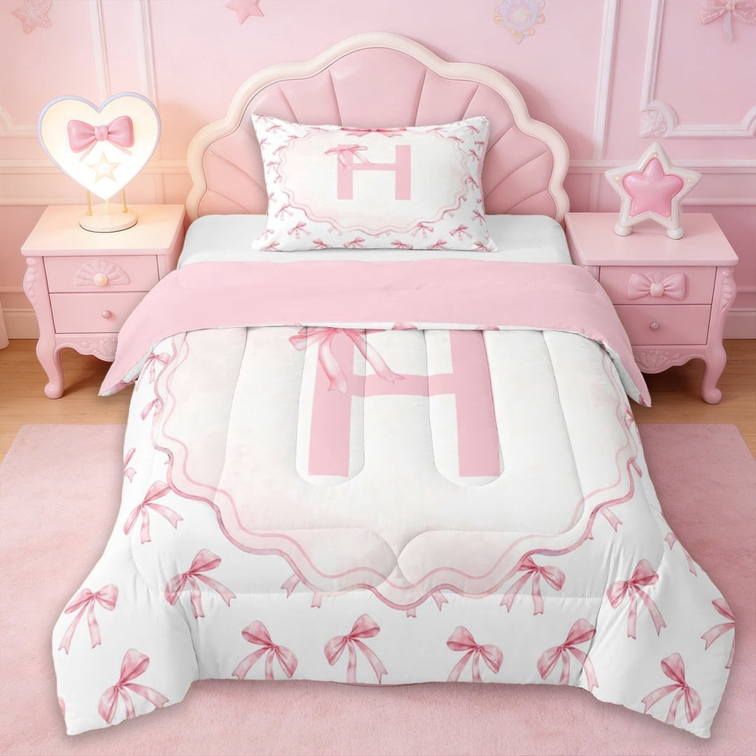 Erosebridal Pink Bowtie Twin Comforter Sets,Dreamy Princess Style H Alphabet Bedding Set For Girls Kids,Reversible pink,2 Pieces