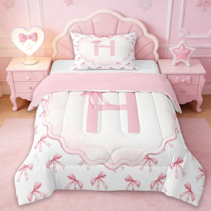 Erosebridal Pink Bowtie Twin Comforter Sets,Dreamy Princess Style H Alphabet Bedding Set For Girls Kids,Reversible pink,2 Pieces