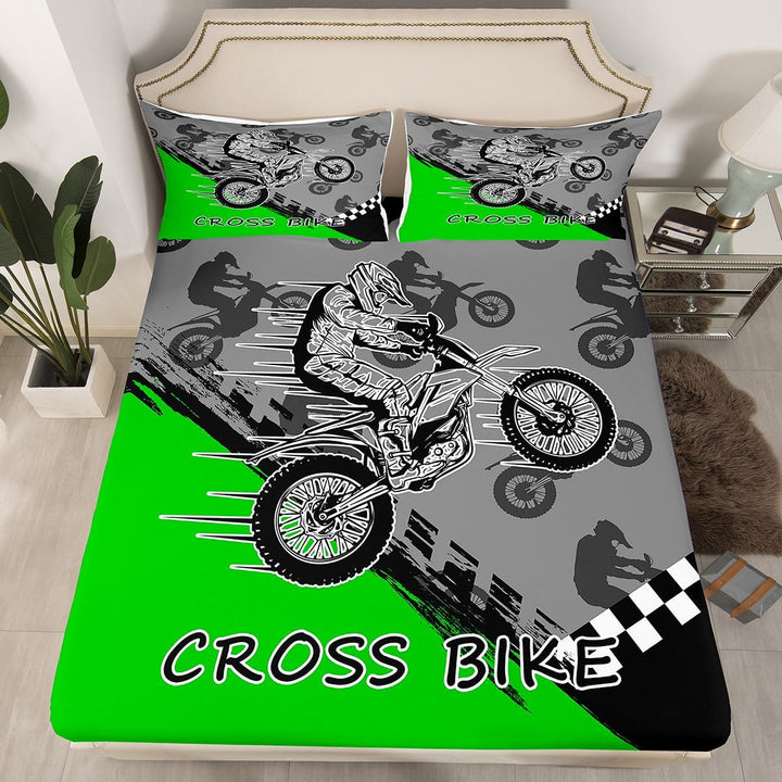 Erosebridal Dirt Bike Bed Set Motocross Rider Fitted Sheet Extreme Sports Fluorescent Green Bed Sheets Motorbike Racing Moves Sheets, Twin Size ( No Top Sheet)