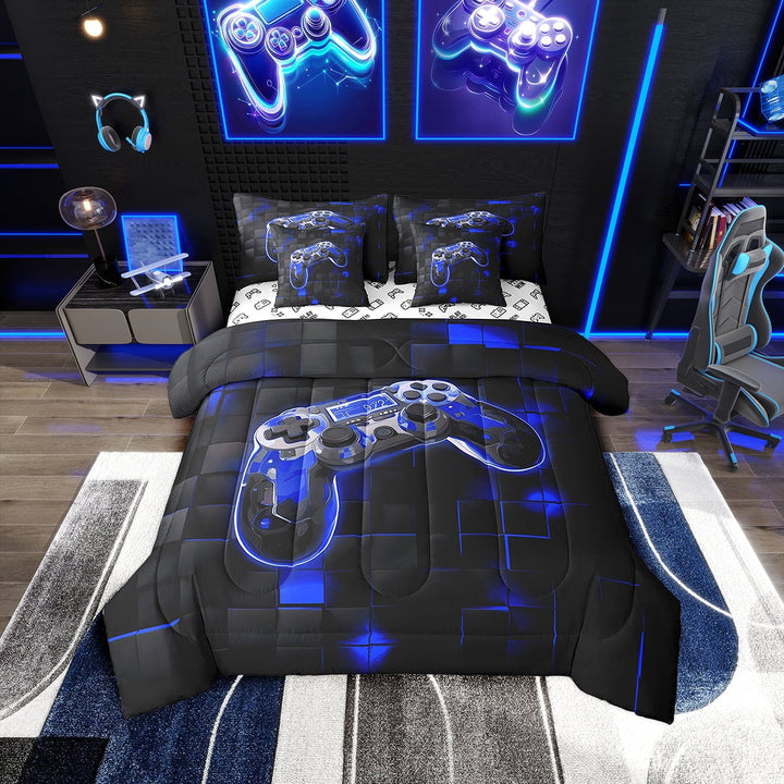 7 Piece Gamer Queen Comforter Sets ,Neon Blue and Black Gaming Bedding Set with Sheets,Geometric Grid Bed in a Bag,Gaming Controller Bed Set with Pillowcases &amp; Shams