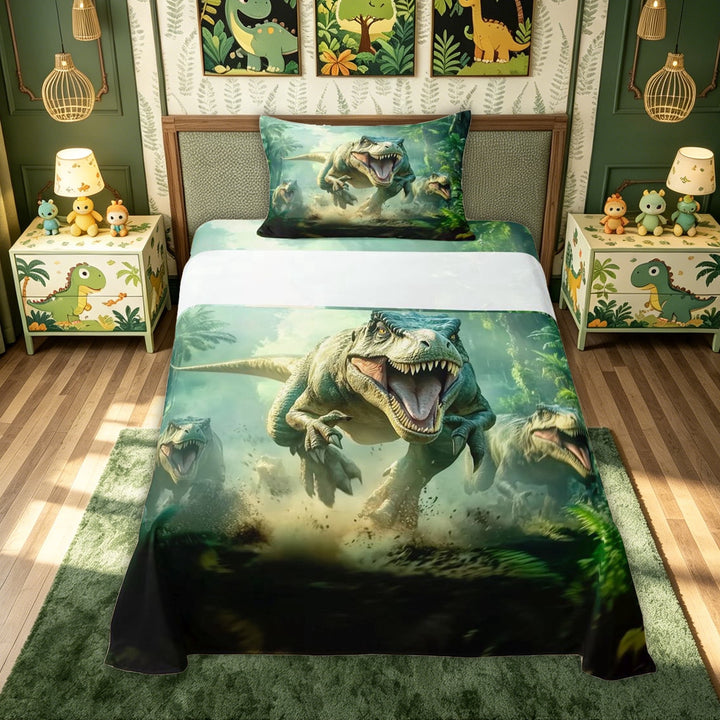 meiyoeat Dinosaur Animals Bed Sheets for Kids Boys, Jungle Scene Full Size Sheets for Bedroom, Green, 4 Pieces