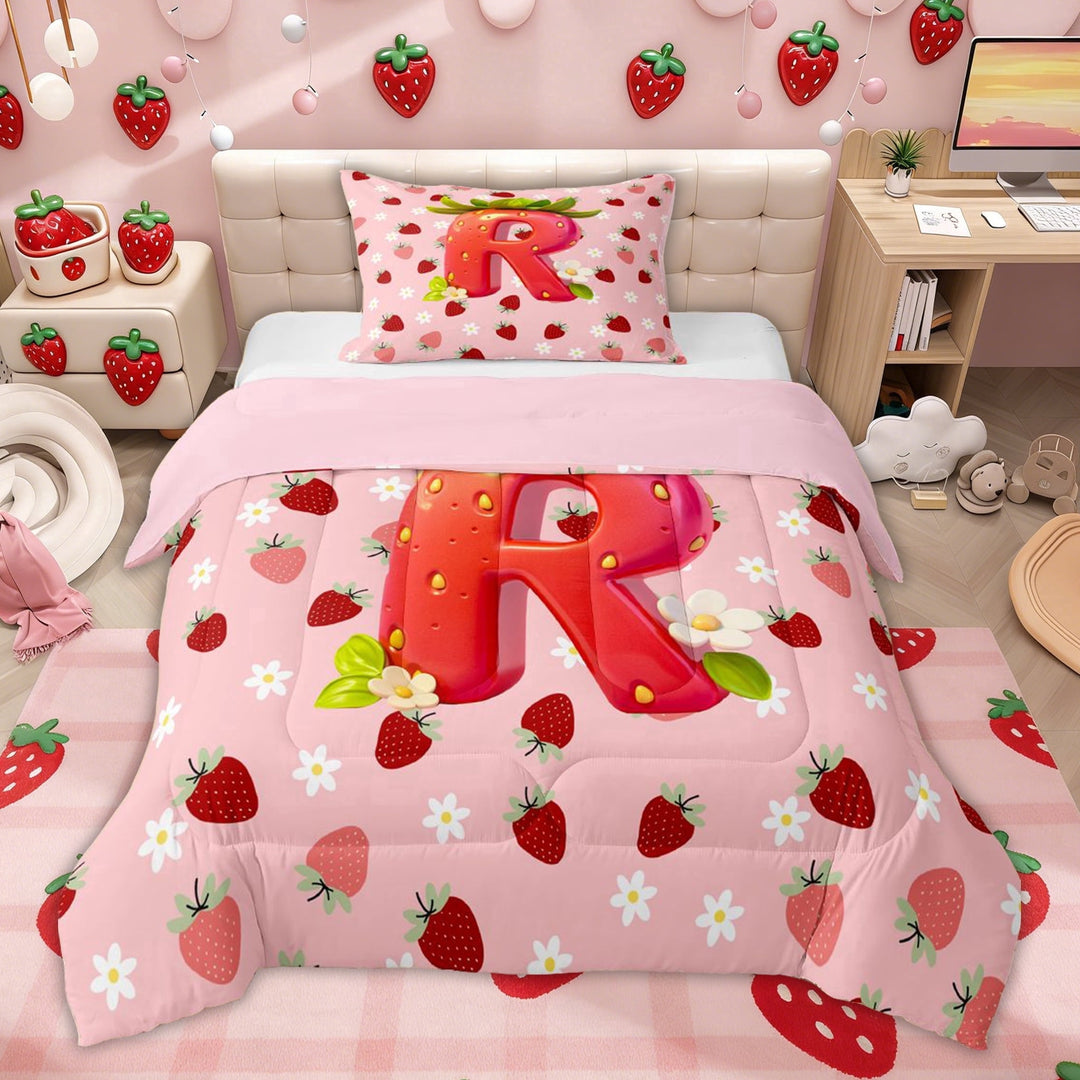 Erosebridal Princess Floral Strawberry Twin Comforter Sets for Kids, Girls Pink Letter R Bedding Set, Pink Reversible, 2 Pieces