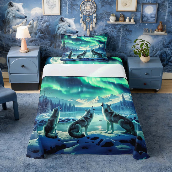 Erosebridal Three Wolves Howling at Moon Aurora Print Twin Sheet Sets, Icy Lake Bedding for Men and Women, 1 Flat Sheet, 1 Fitted Sheet and 1 Pillowcase
