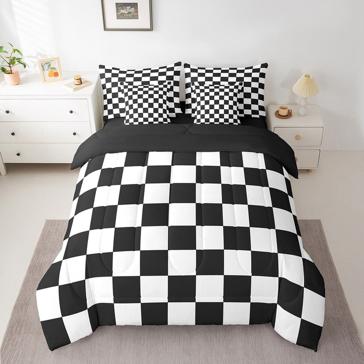 Erosebridal Check Plaid Bed in a Bag Queen size, Geometric Bed Set, Farmhouse Gingham Decor, Reversible 7 Pieces