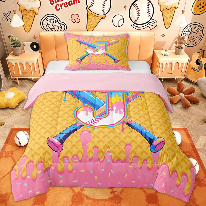 Erosebridal Girly Pink J Letter Twin Comforter Sets for Kid, Ice Cream Baseball Bedding Set, 2pcs