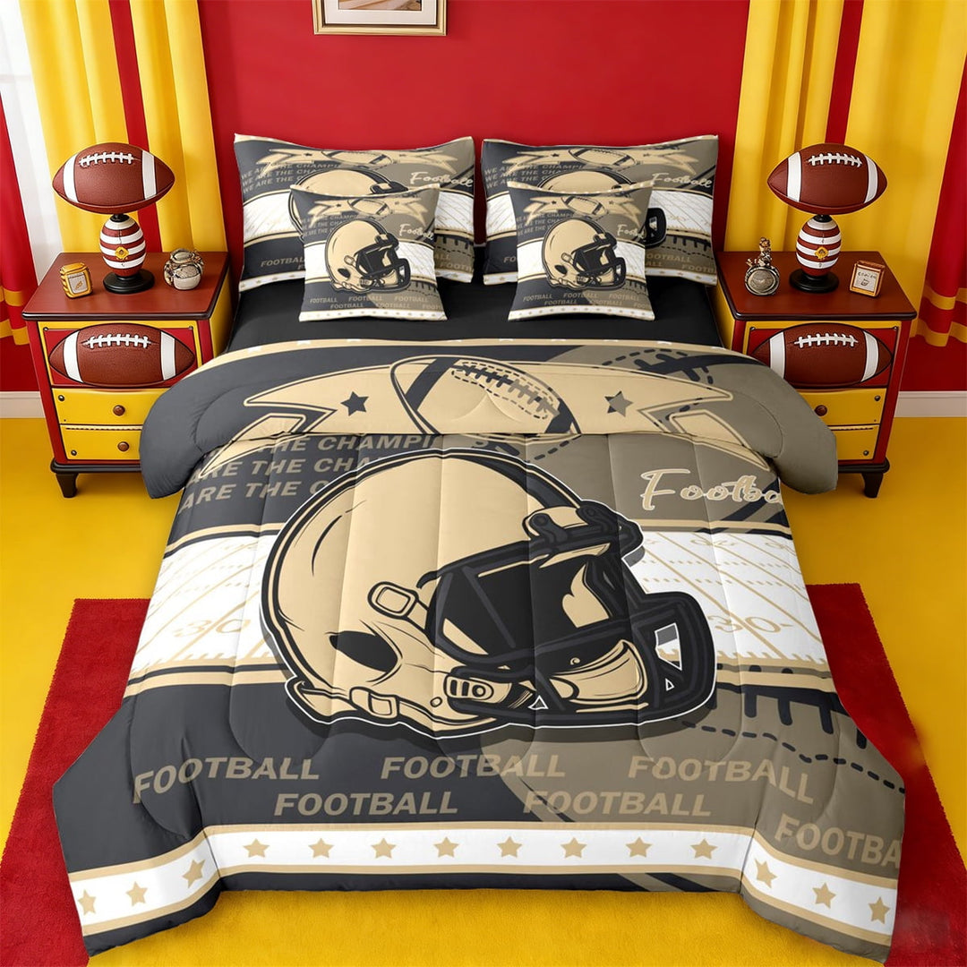 jejeloiu Football Sport Helmet 7-Piece Twin Bedding Sets,Gold White Black Bedding Comforter Set For Boys Teens Reversible