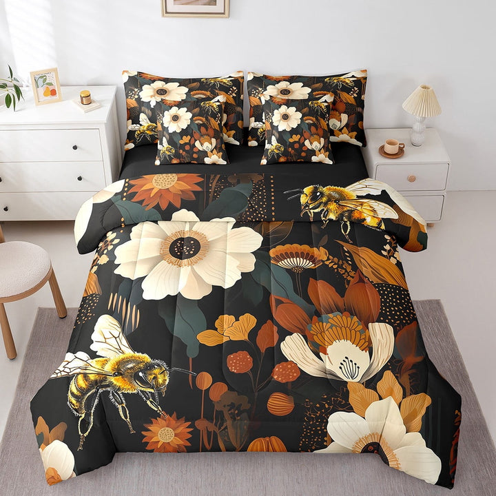 Hippie Floral Bed in a Bag 7 Pieces Cartoon Bee Bedding Set, Wild Animal Full Size Comforter Set Adult Watercolor Leaves Flowers Bedding Comforter Sets, Mid Century Abstract Bed Set