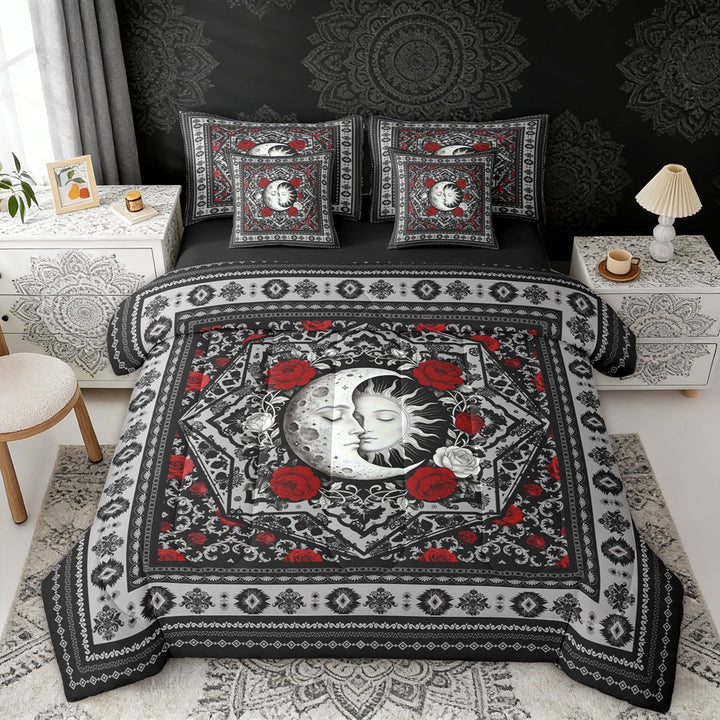 Erosebridal Boho Sun and Moon Twin Bedding Sets, Bohemian Aztec Mandala Bedding Comforter Set, Black Gray Red, Black Reversible 7 Pieces