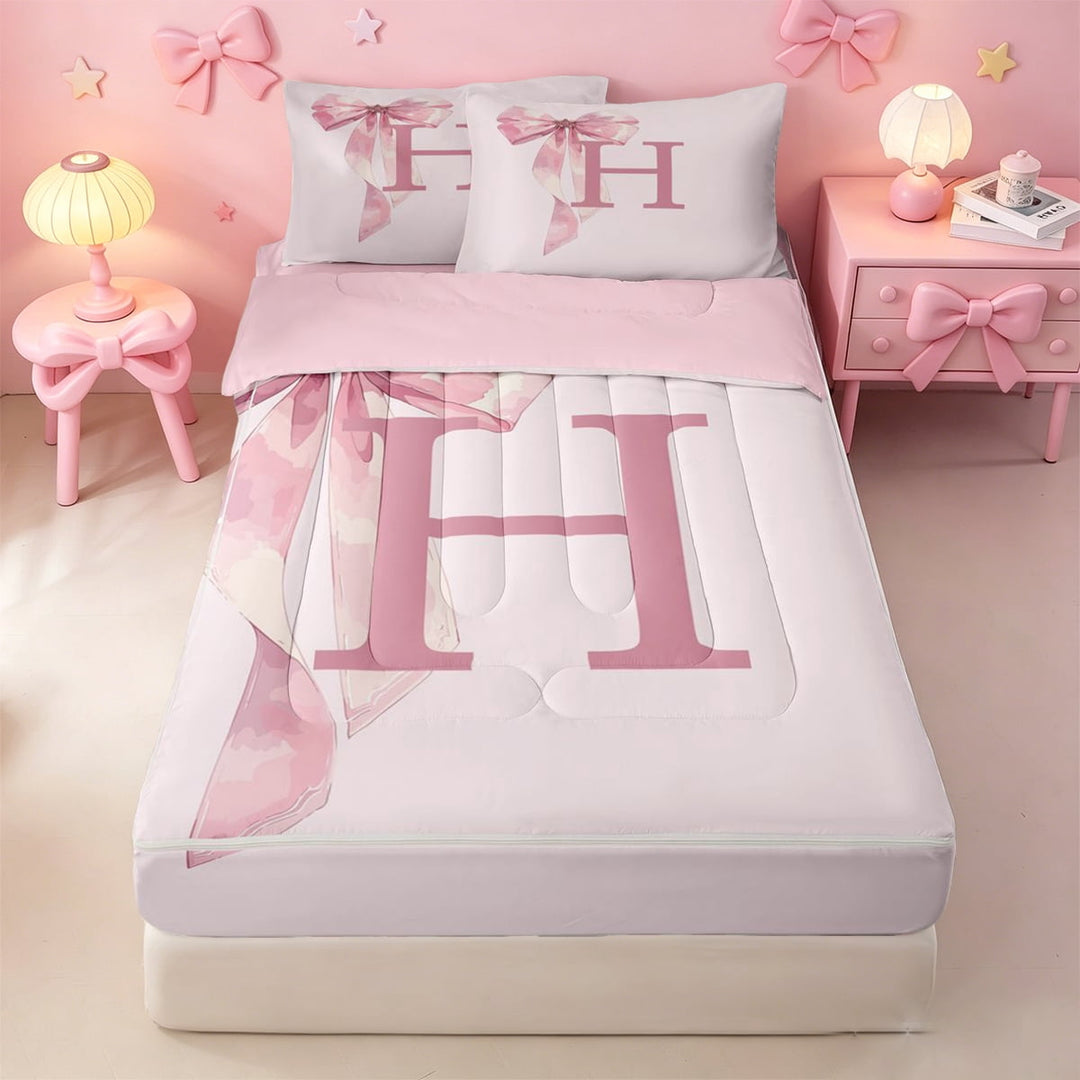meiyoeat bowtie Watercolor Monogram Zipper Full Size Comforter Sets with Fitted Sheet and 2 Pillowcases,Cute Bow Knot Initial Art Zipper Bedding Set,Pink Reversible,4-Piece