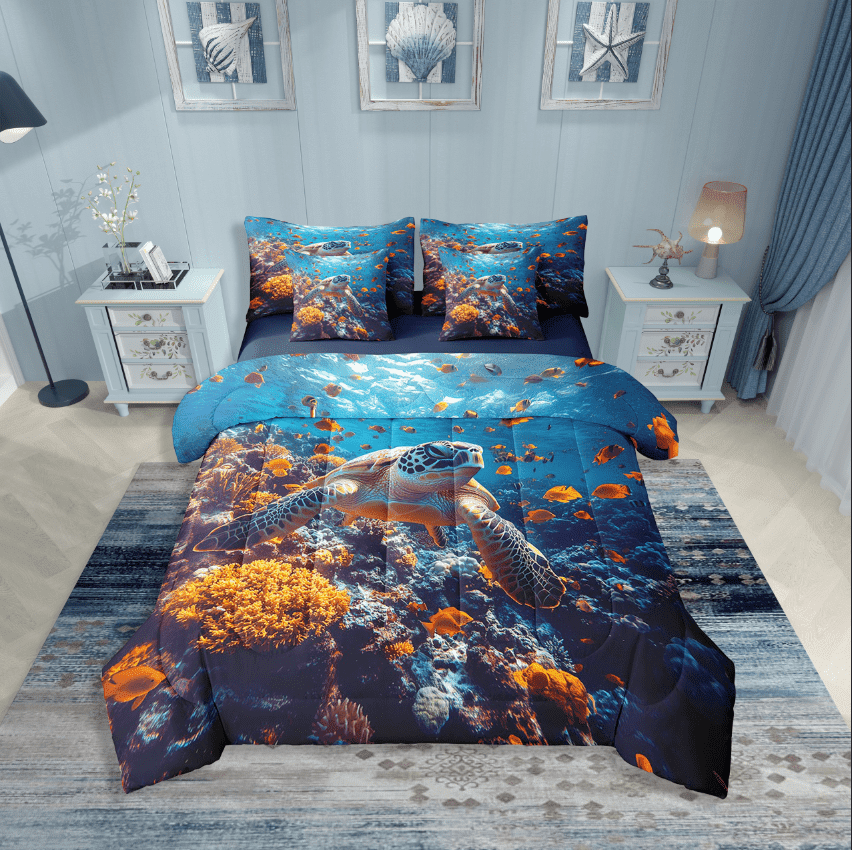 Erosebridal Sea Turtle Bedding Sets Twin Size,Ocean Tortoise Comforter Sets with Sheets,Underwater World Decor,Reversible,Breathable,7-Piece