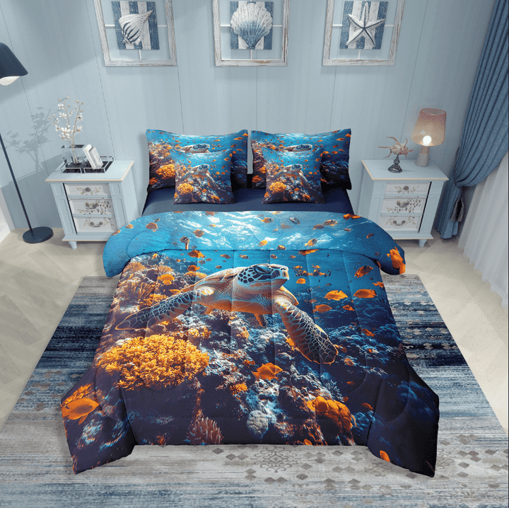 Erosebridal Sea Turtle Bedding Sets Twin Size,Ocean Tortoise Comforter Sets with Sheets,Underwater World Decor,Reversible,Breathable,7-Piece