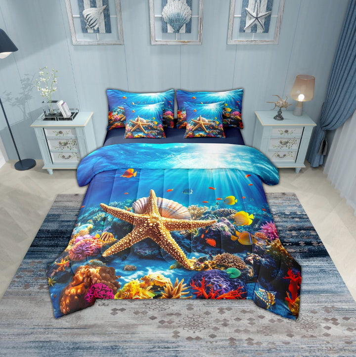 Erosebridal Sealife Starfish Bedding Sets Twin Size,Marine Animal Comforter Sets with Sheets,Sea Room Decorative,Reversible,Breathable,7pcs