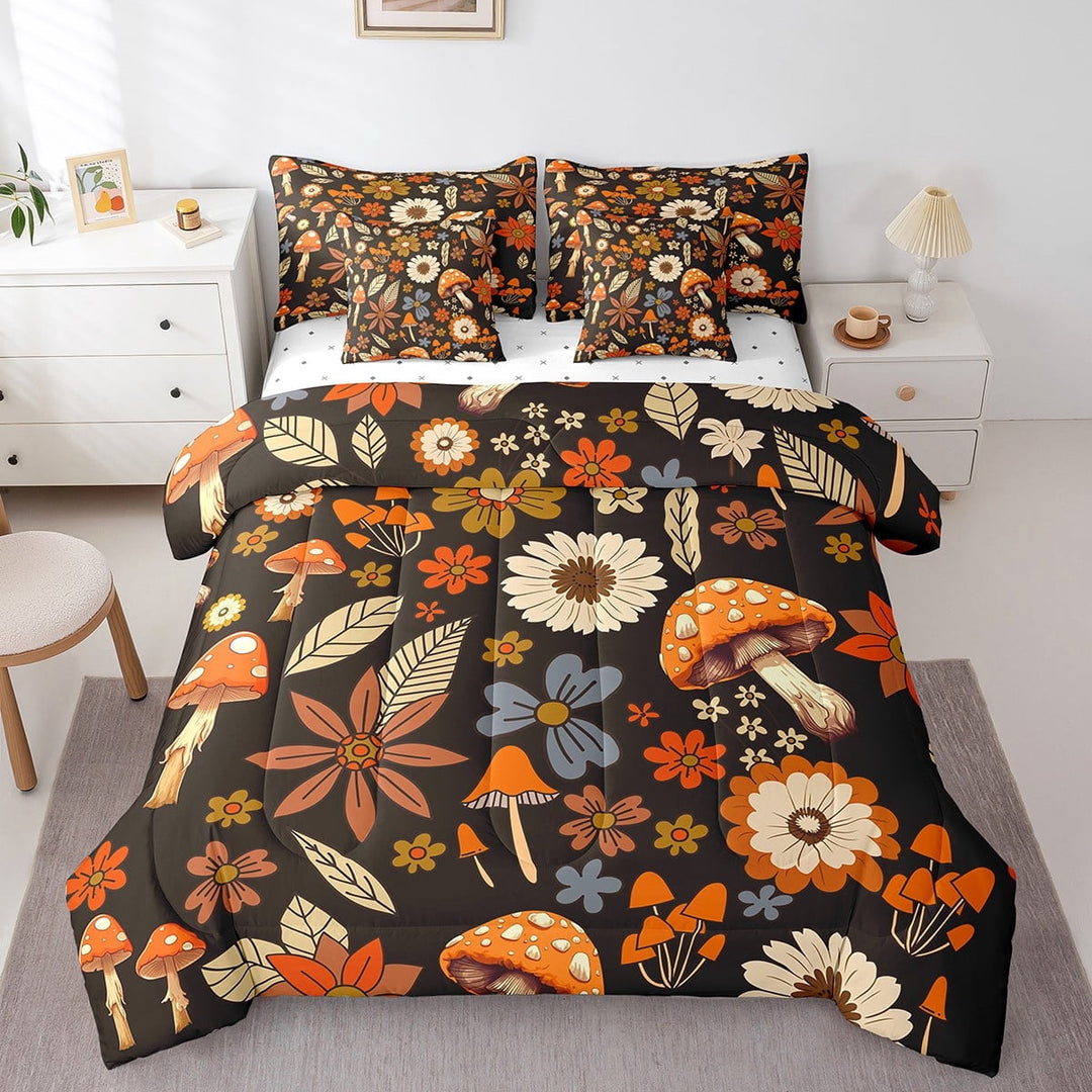 Erosebridal 7Pcs Queen Comforter Set with Sheets, Groovy Flower Bedding Set Mushroom Fungus Bed in a Bag(1 Comforter, 1 Flat Sheet 1 Fitted Sheet 2 Pillowcases and 2 Throw Pillow Covers)