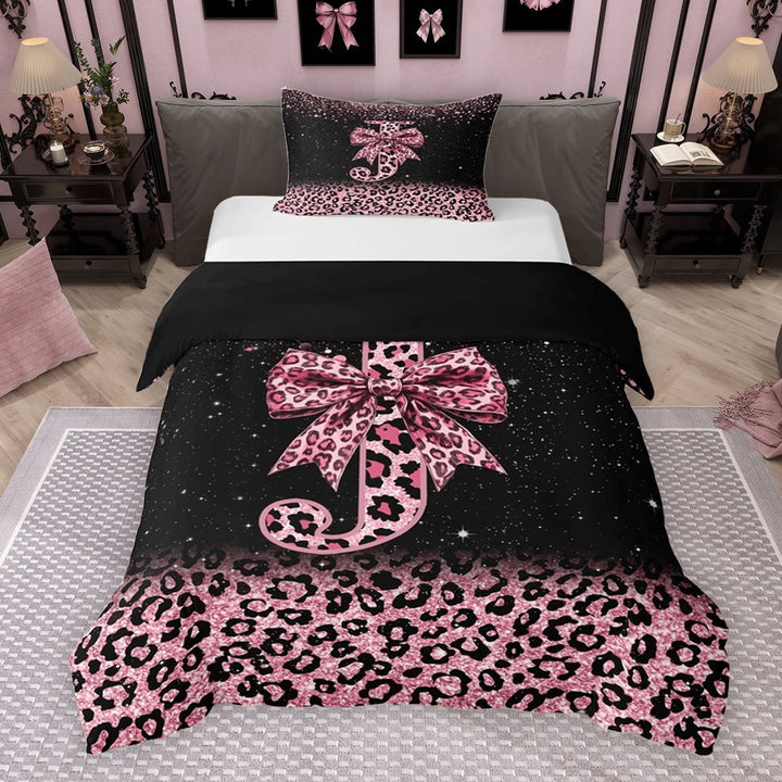 Erosebridal Cute Pink Leopard Print Twin Bedding for Girls, Bowknot Letter J Duvet Cover Set, Black Reversible 2pcs, 1 Duvet Cover and 1 Pillowcase (No Comforter)