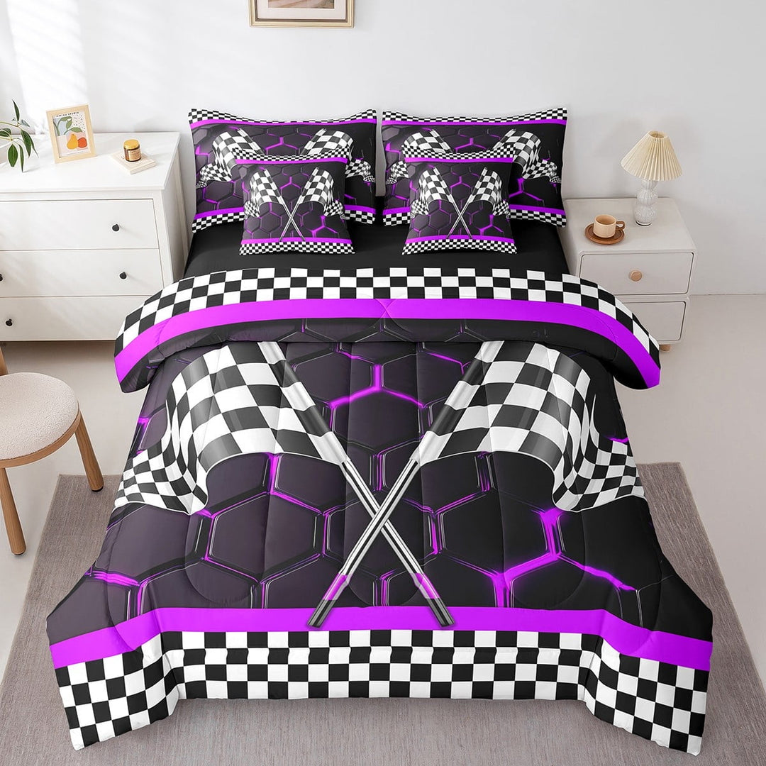 Erosebridal Sport Racing Checkered Bedding Twin Size, Purple Bedding Sets Twin Size, Chic Honeycomb Decor, Reversible