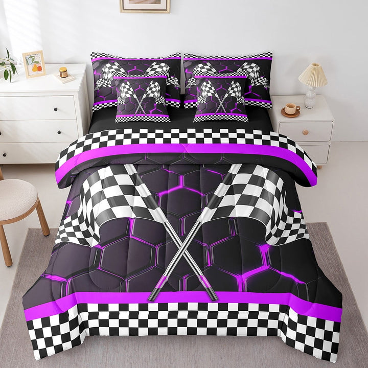 Erosebridal Sport Racing Checkered Bedding Twin Size, Purple Bedding Sets Twin Size, Chic Honeycomb Decor, Reversible