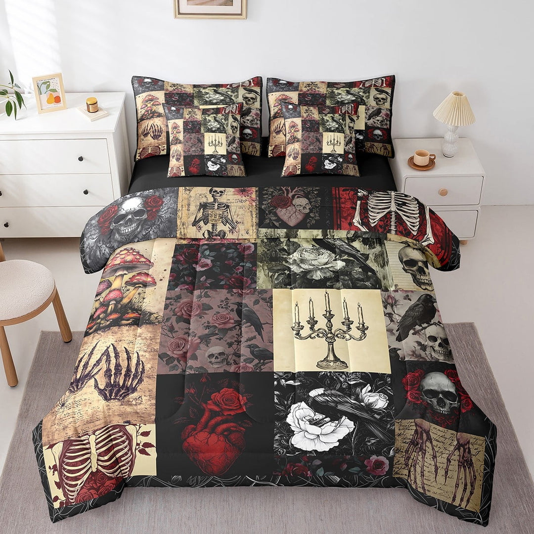 Erosebridal Boho Skeleton 7Pcs Comforter Set Full,Rose Flower Crow Bedding Set Woman Teens Room Decor,Gothic Mushroom Skull Pattern Fitted Flat Sheet Red Black Patchwork Plaid 2 Throw Pillow Covers