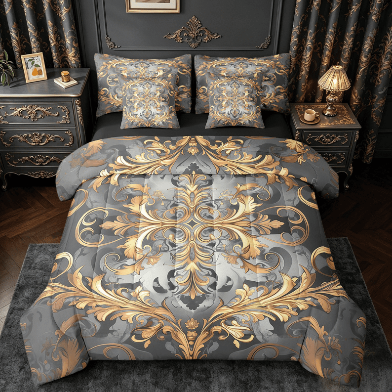 Erosebridal Retro Damask Flower Bedding Sets King Size,Boho Bohemain Comforter Sets with Sheets,Gold Gray Gothic Flower Bed in a Bag King Size For Kids,Breathable Bedroom Decor Reversible,7-Piece