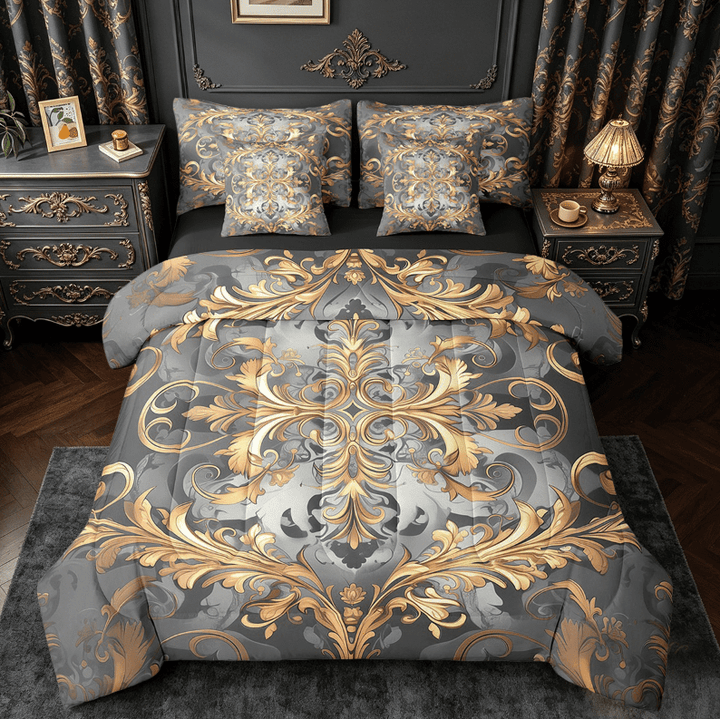 Erosebridal Retro Damask Flower Bedding Sets King Size,Boho Bohemain Comforter Sets with Sheets,Gold Gray Gothic Flower Bed in a Bag King Size For Kids,Breathable Bedroom Decor Reversible,7-Piece