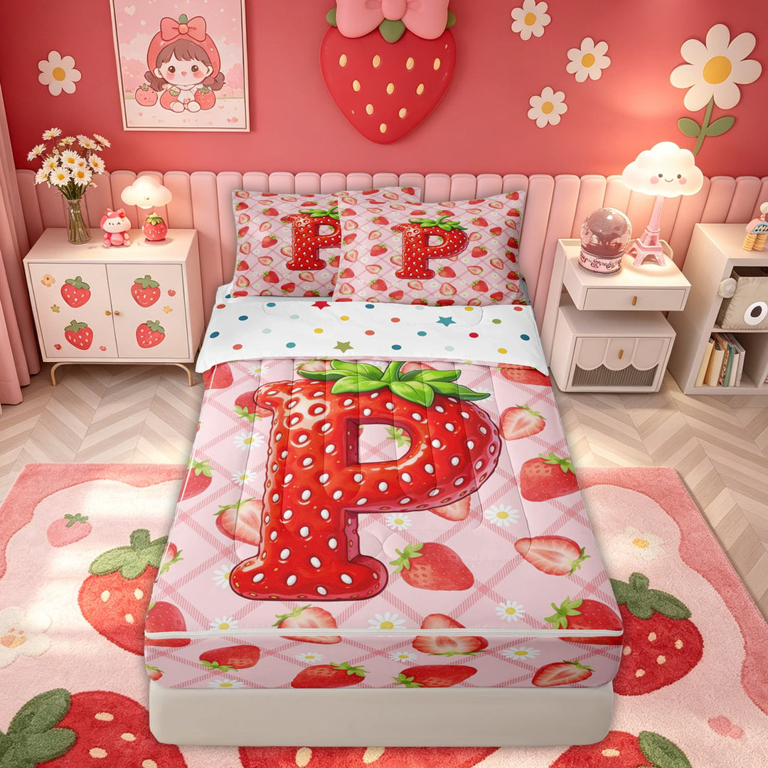 meiyoeat Strawberry Letter P Zipper Twin Comforter Sets with Fitted Sheet and 2 Pillowcases for Kids, Princess Buffalo Zipper Bedding Set for Bedroom, Pink, Polkadot Reversible, 4-Piece