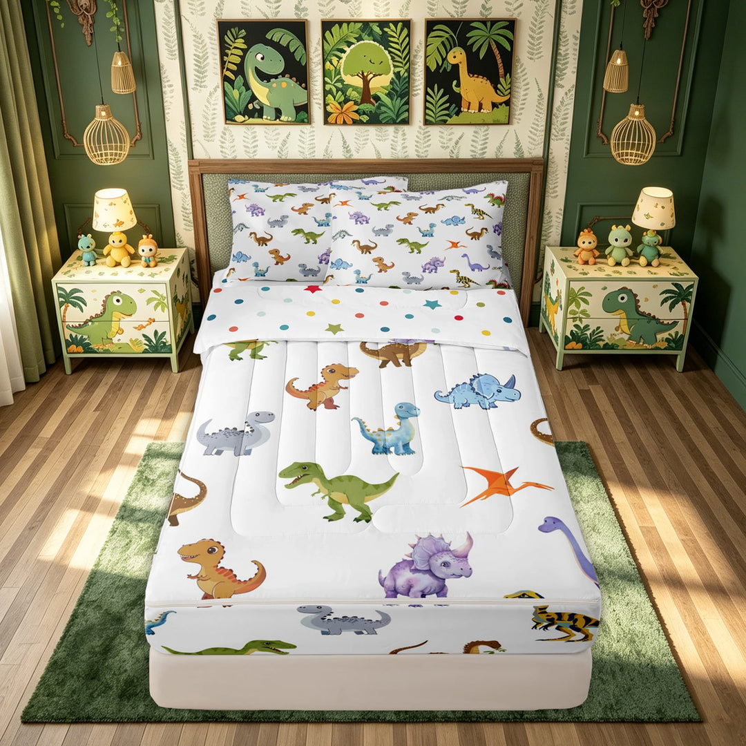 meiyoeat Cute Dinosaur Zipper Comforter Set with Fitted Sheet and 2 Pillowcases for Kids Boys Girls, Cartoon T-rex Dino Zipper Bedding Set, White, Polkadot Reversible, 3pcs
