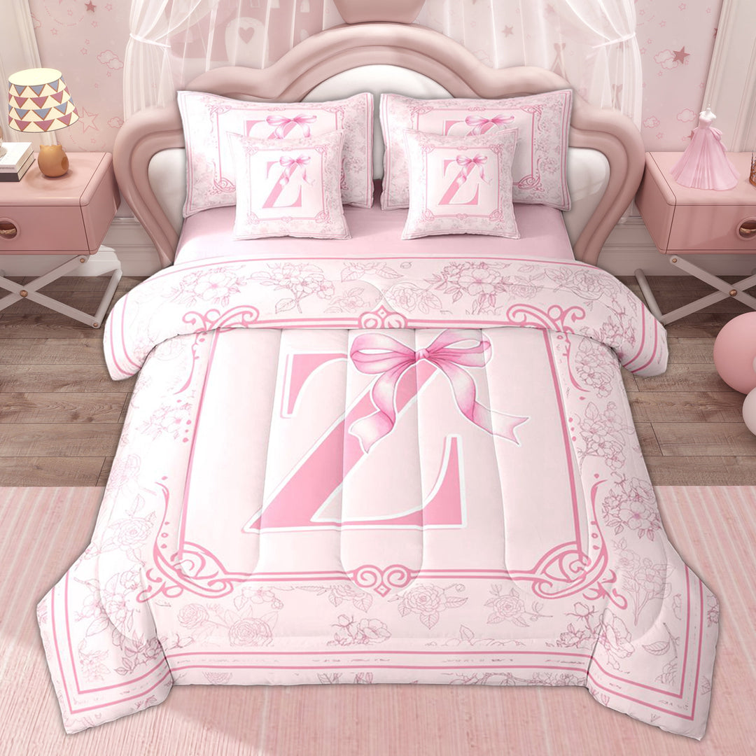 Erosebridal Girls Initial Letter Z Bedding Comforter Set, Pink Bowknot Flower Full Bedding Set, 7pcs