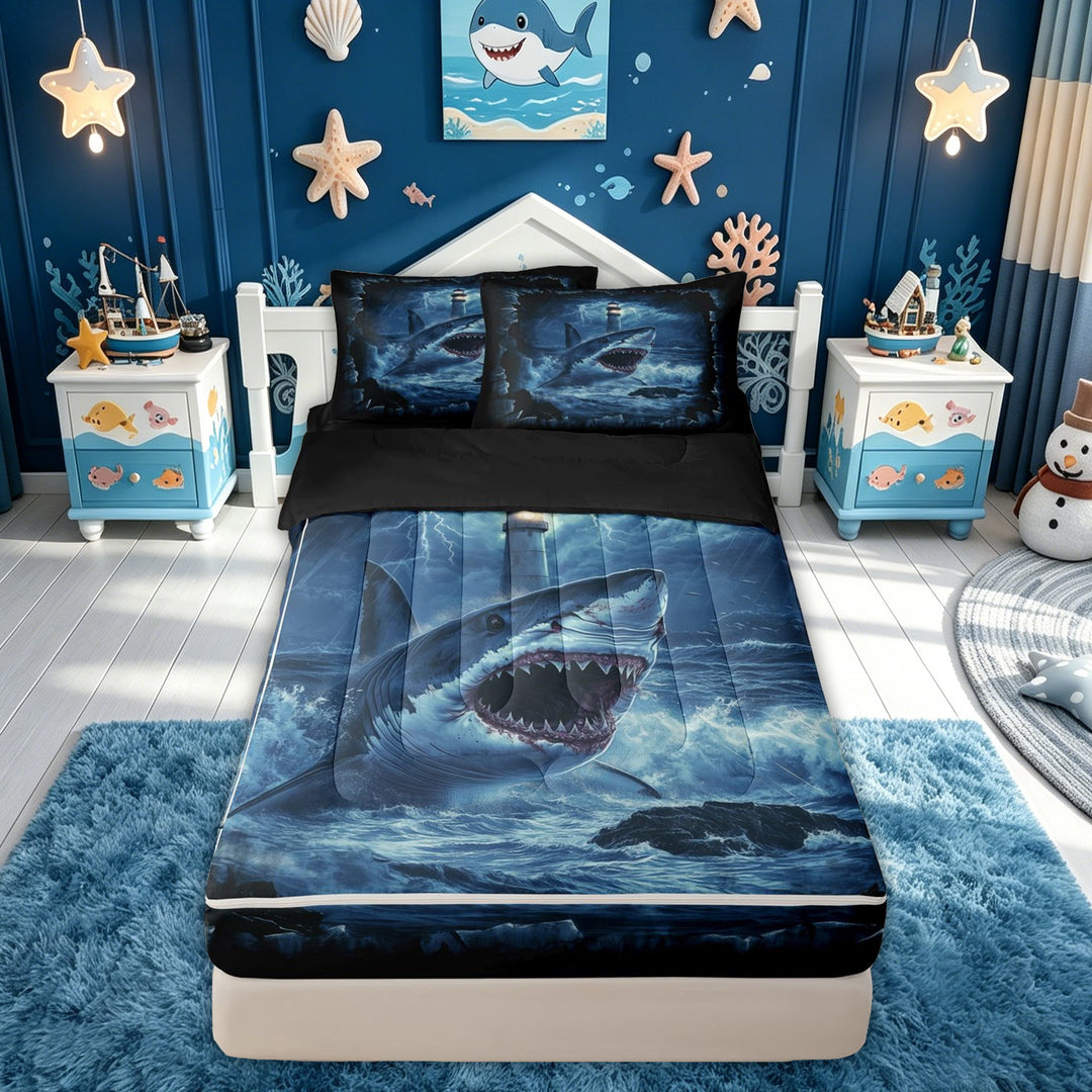 meiyoeat Marine Shark Zipper Comforter Set with Fitted Sheet and 2 Pillowcases for Men Kids Boys, Storm Lighthouse Thunder Zipper Bedding Set, Dark Blue, Black Reversible, 3-Piece