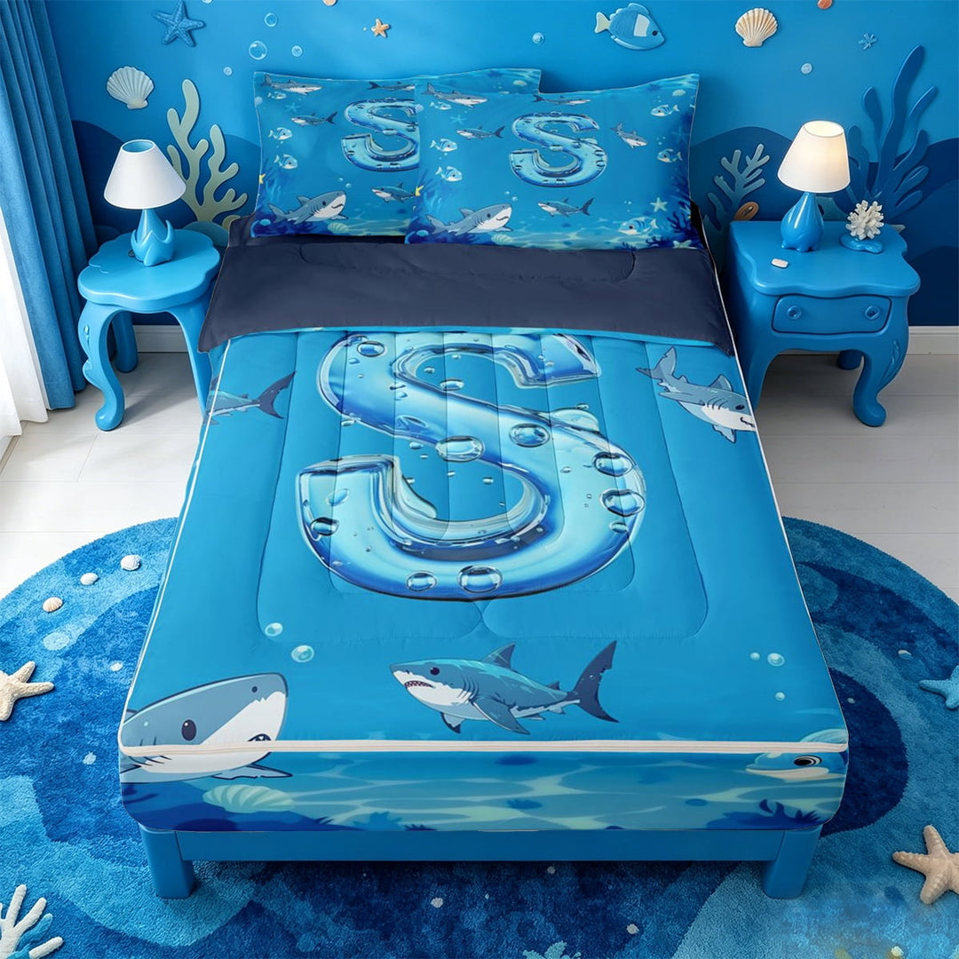 meiyoeat Watercolor Ocean Animal Shark Zipper Full Size Comforter Sets with Fitted Sheet and 2 Pillowcases For Boys,Under The Sea Themed Monogram S Zipper Bedding Set,Navy Blue Reversible,4 Pieces