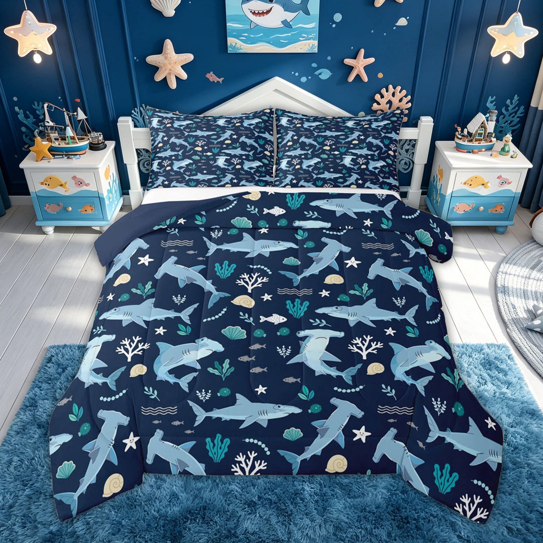 meiyoeat Hammerhead Shark Full Size Comforter Sets for Kids Boys, Underwater Sealife Bedding Comforter Set for Bedroom, Navy, Blue Reversible, 3-Piece