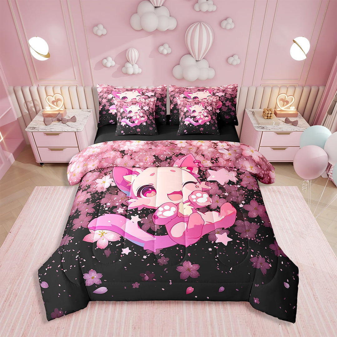 Erosebridal Cartoon Cat Bedding Sets Twin Size, Cute Animal Stars Comforter Sets with Sheets, Japanese Rome Decor, 7pcs