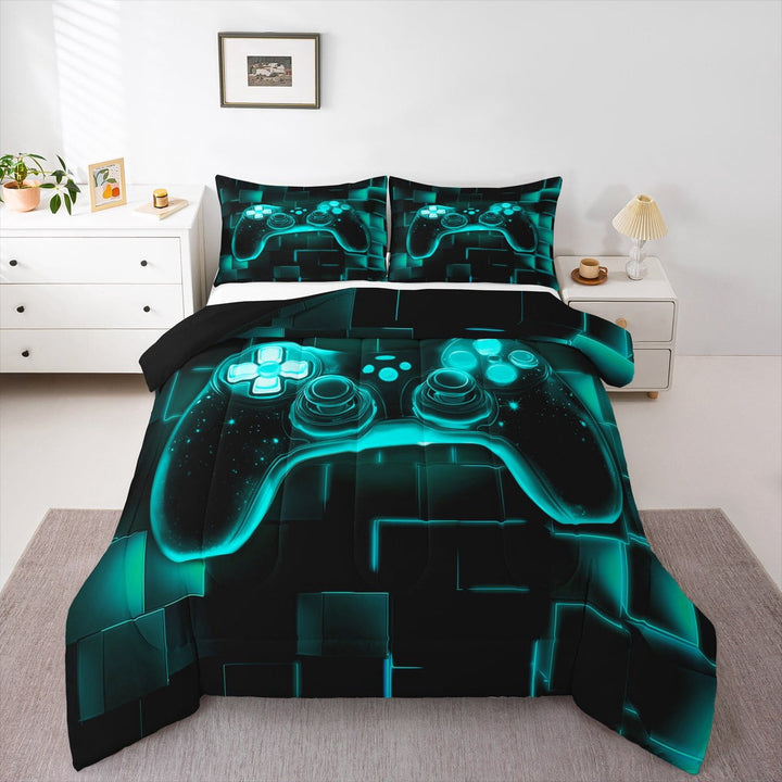 Gamer Comforter Set Twin,Gaming Bedding,Video Games Gamepad Bedding Comforter Sets Neon Glowing Square Geometric Grid Teal Bedroom Decor Duvet Insert