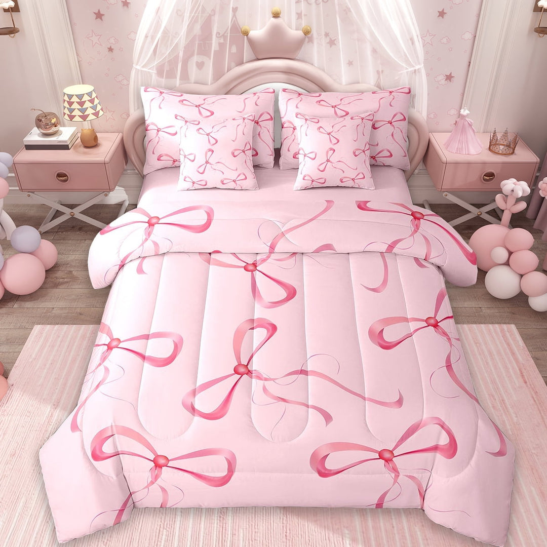 Erosebridal Cute Bowknot Bed in a Bag Twin Size,Ribbon Bow Bowtie Bed Set,Pink Minimalist Art Bedding Twin Size,Super Cozy Room Decorative Reversible,7 Pieces