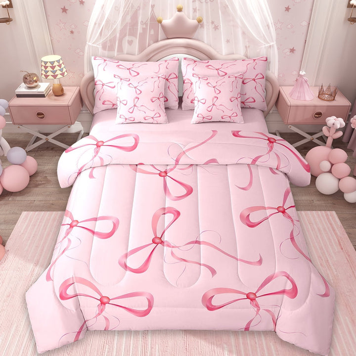 Erosebridal Cute Bowknot Bed in a Bag Twin Size,Ribbon Bow Bowtie Bed Set,Pink Minimalist Art Bedding Twin Size,Super Cozy Room Decorative Reversible,7 Pieces