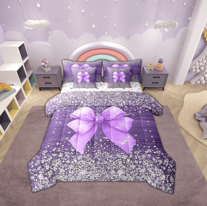 Erosebridal Kawaii Bowknot Bedding Sets King Size,Bling Glitter Bed in a Bag King size,Breathable Reversible Bedding King Size,Sequin Print Decor,7 Pieces