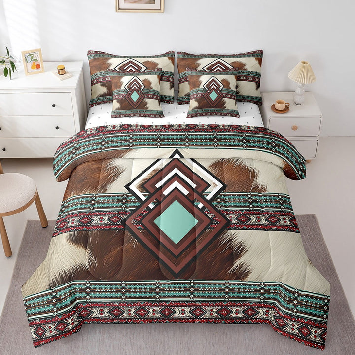 Geometry Aztec Comforter Set 7 Piece Bed in a Bag Twin Farm Animals Cowhide Bedding Sets,Southwestern Sheet Set with Comforter Geometric Diamond Bed Set,Cowboy Western Home Decor