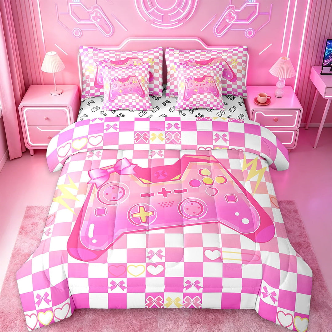 jejeloiu Cute Gamepad Bedding Comforter Set,7 Pieces,Modern Video Game Full Bedding Set,Gaming Gamer Fitted Sheet Flat Sheet For Girl Kids,Super Cozy Bedroom Decor Reversible