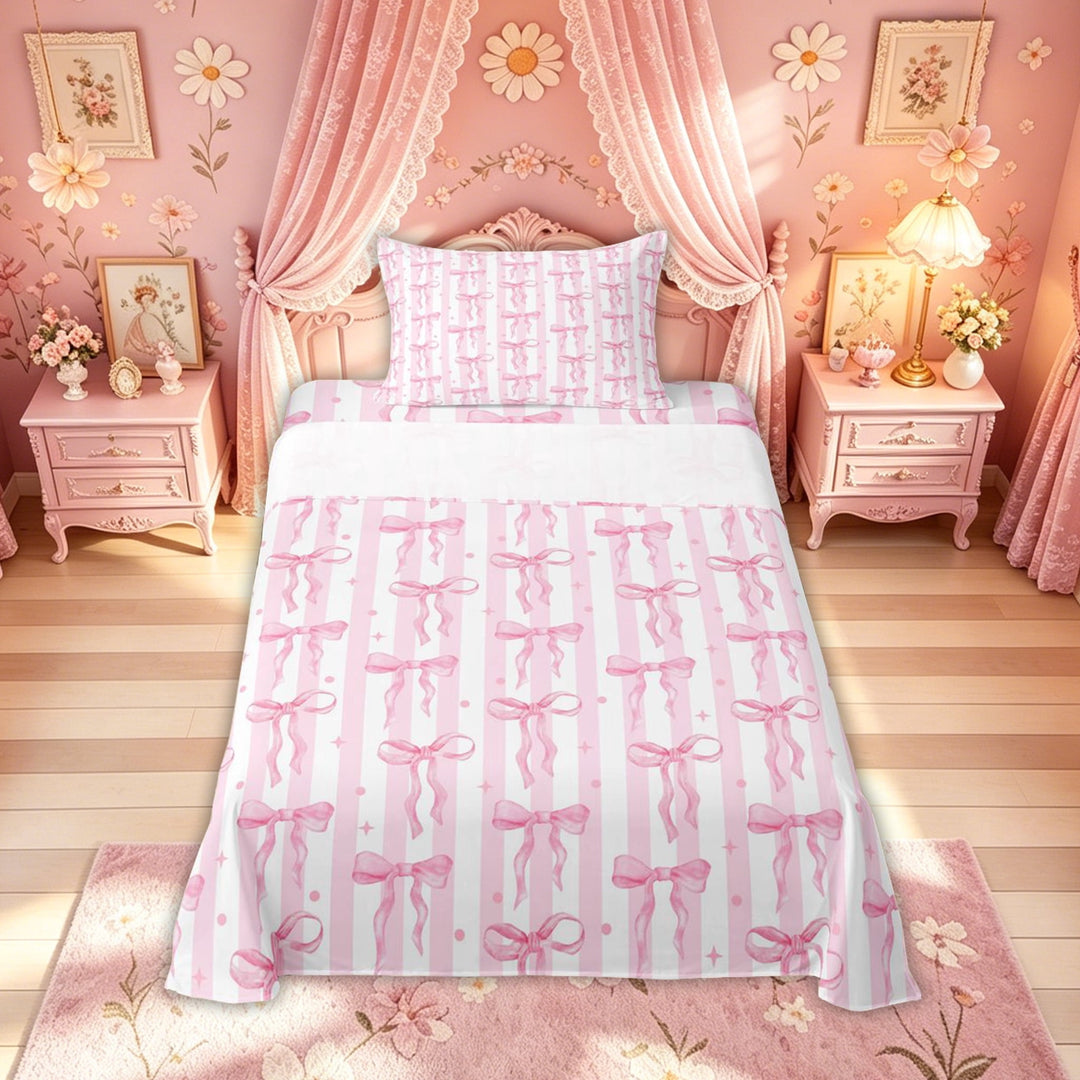 Meiyoeat Girly Stripe Princess Bow Full Size Sheets for Girls Females, Watercolor Polka Dot Bed Sheets, Pink White, 4pcs