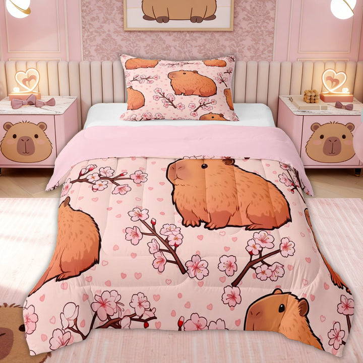 Erosebridal Kawaii Capybara Kids Twin Comforter Sets, Cherry Blossoms Bedding Set, 2pcs, Pink Reversible