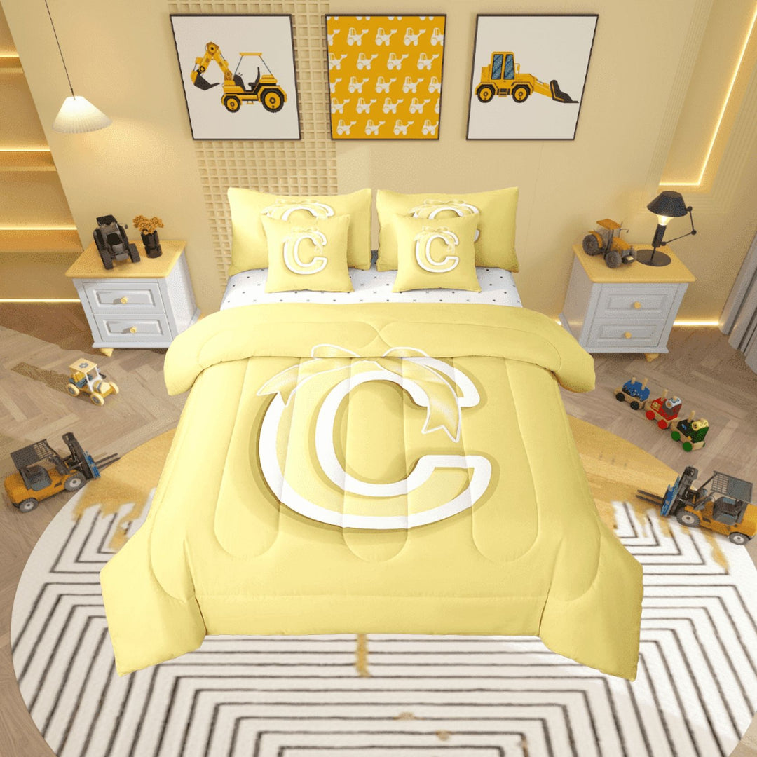 Erosebridal Yellow Bowknot Bed in a Bag Twin size, Initial Letter C Bed Set, Cartoon Monogrammed Reversible Bedding Twin Size, Breathable Bedroom Decorative, 7pcs
