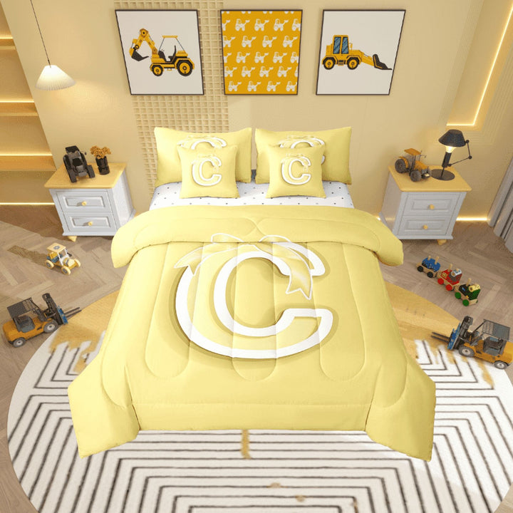 Erosebridal Yellow Bowknot Bed in a Bag Twin size, Initial Letter C Bed Set, Cartoon Monogrammed Reversible Bedding Twin Size, Breathable Bedroom Decorative, 7pcs